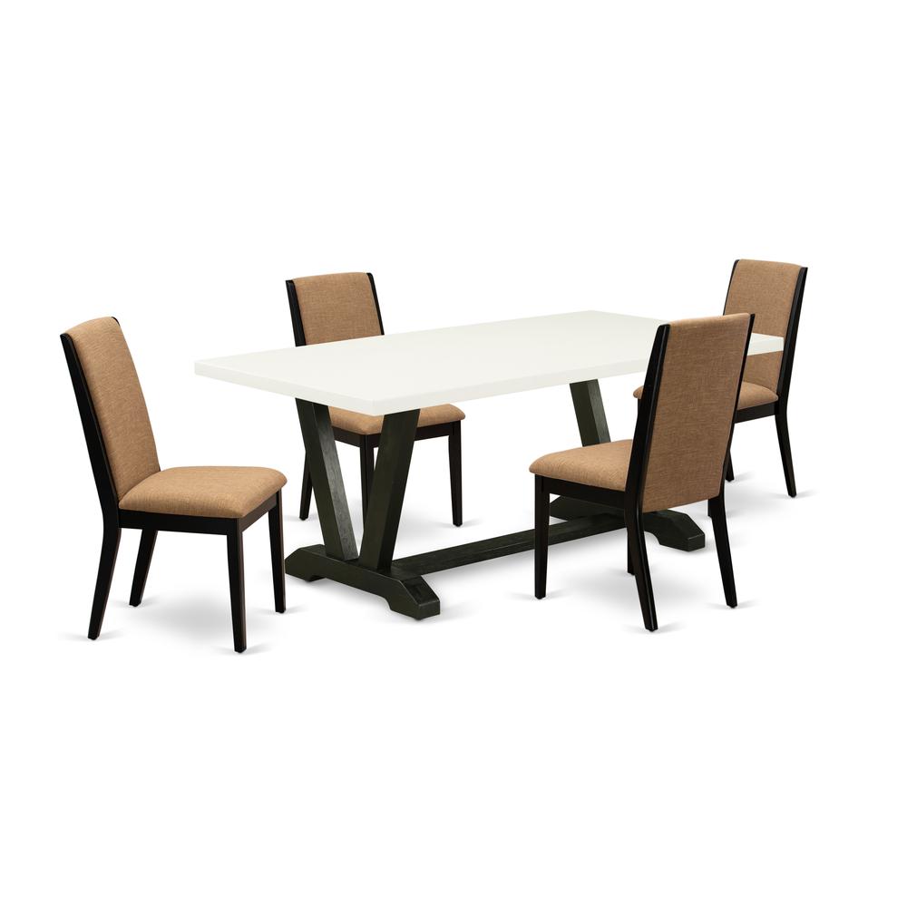 East West Furniture V627LA147-5 5-Piece Awesome Rectangular Dining Room Table Set a Good Linen White Kitchen Table Top and 4 Gorgeous Linen Fabric Parson Chairs with Stylish Chair Back, Wire Brushed B. Picture 1