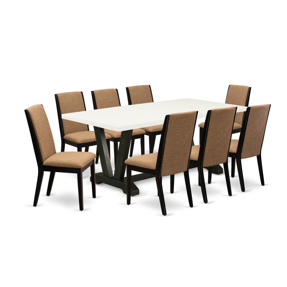 East West Furniture V627LA147-9 9-Piece Amazing Dinette Set a Superb Linen White Wood Dining Table Top and 8 Wonderful Linen Fabric Dining Chairs with Stylish Chair Back, Wire Brushed Black Finish. Picture 1