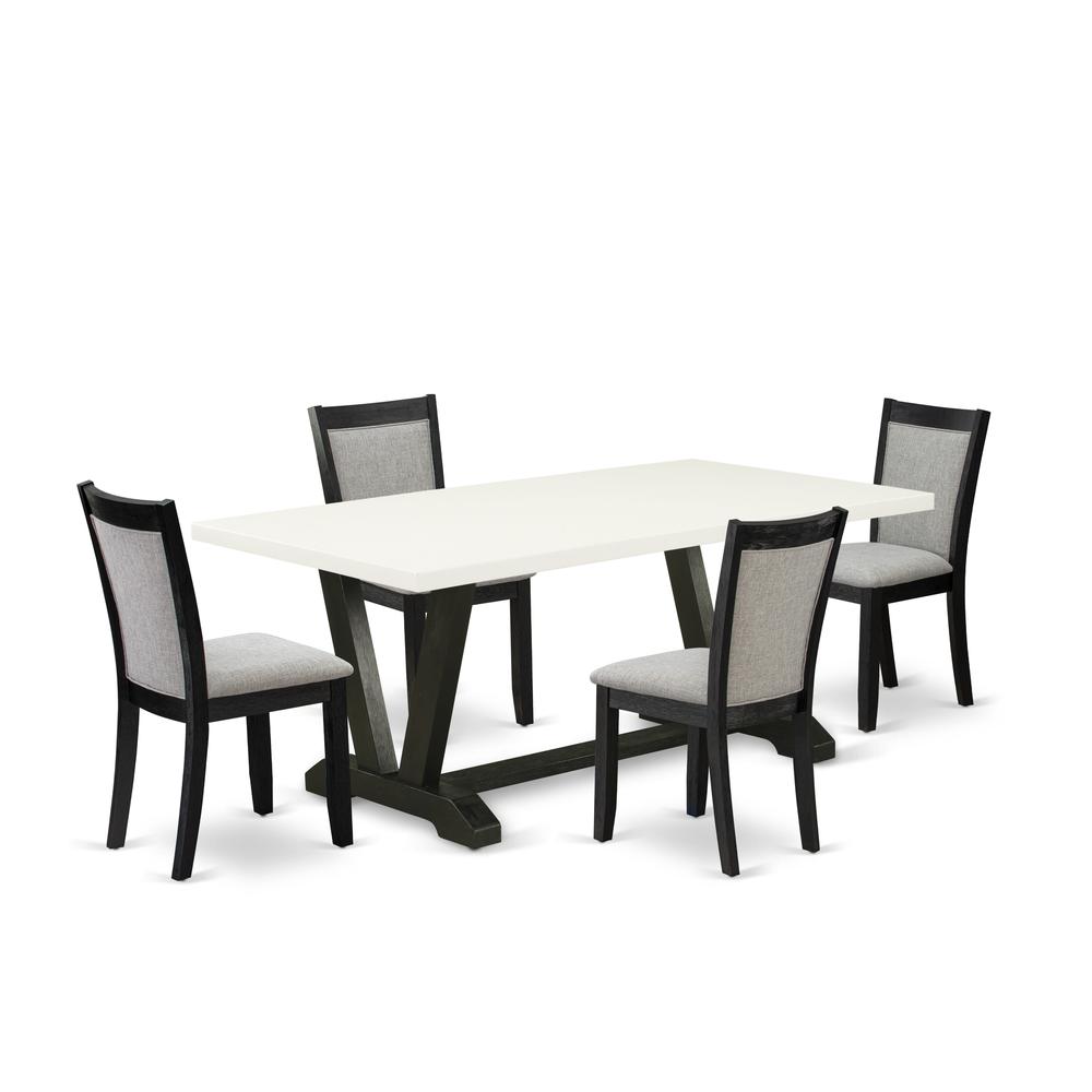 V627MZ606-5 5 Pc Dining Table Set - Linen White Dining Table with 4 Shitake Linen Fabric Parson Chairs - Wire Brushed Black Finish. Picture 1