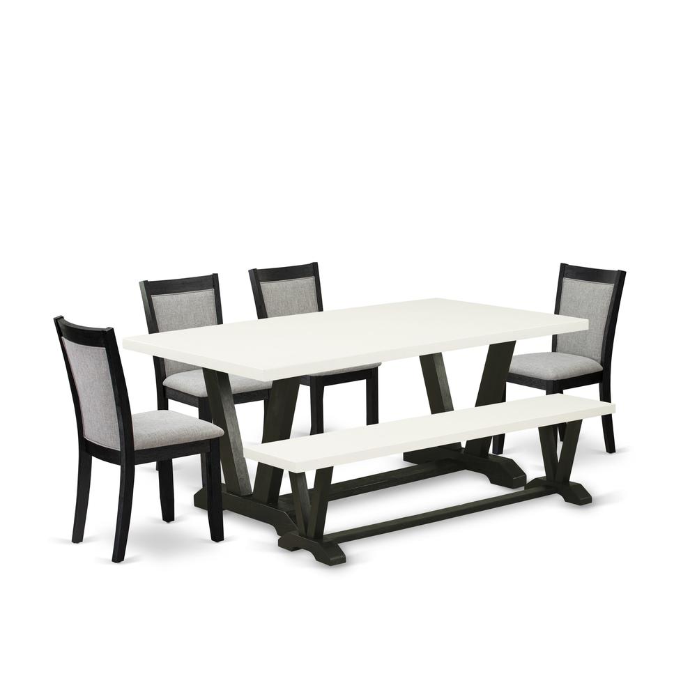 V627MZ606-6 6 Pc Kitchen Table Set - Linen White Table with Bench and 4 Shitake Dining Chairs - Wire Brushed Black Finish. Picture 1