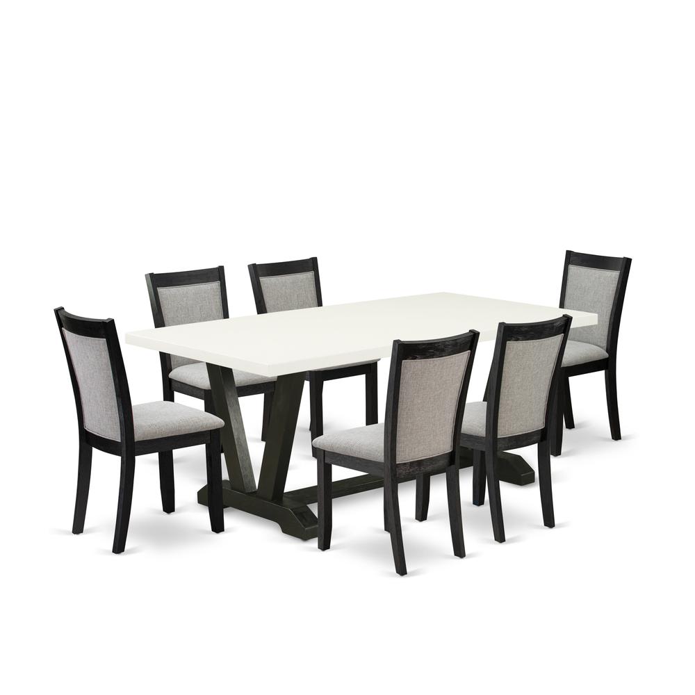 V627MZ606-7 7 Pc Dining Room Set - Linen White Dining Table with 6 Shitake Dining Chairs - Wire Brushed Black Finish. Picture 1