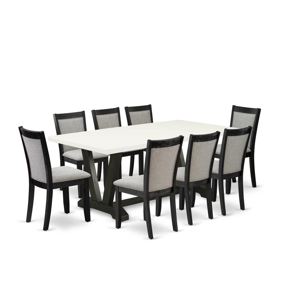 V627MZ606-9 9 Pc Dining Set - Linen White Dining Table with 8 Shitake Dining Room Chairs - Wire Brushed Black Finish. Picture 1