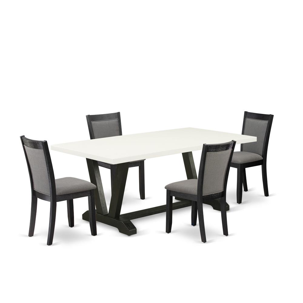 V627MZ650-5 5 Pc Table Set - Linen White Dining Table with 4 Dark Gotham Grey Linen Fabric Chairs - Wire Brushed Black Finish. Picture 1