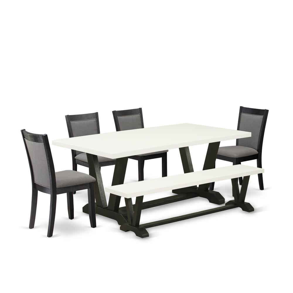 V627MZ650-6 6 Pc Table Set - Linen White Dining Table with Rustic Bench and 4 Dark Gotham Grey Chairs - Wire Brushed Black Finish. Picture 1