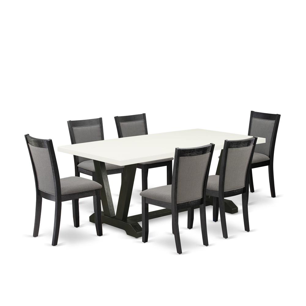 V627MZ650-7 7 Piece Kitchen Table Set - Linen White Dinner Table with 6 Dark Gotham Grey Dining Chairs - Wire Brushed Black Finish. Picture 1
