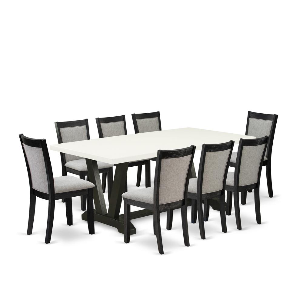 V627MZ650-9 9 Pc Table Set - Linen White Dinner Table with 8 Dark Gotham Grey Dinning Chairs - Wire Brushed Black Finish. Picture 1