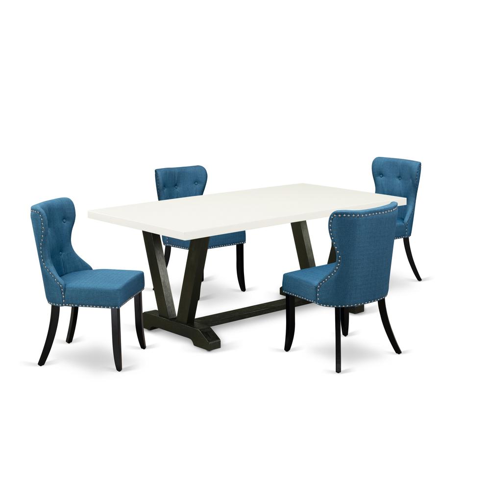 East West Furniture V627SI121-5 3-Pc - 2 Parson Dining Chairs with Blue Linen Fabric Seat and Button Tufted Chair Back - Rectangular Table Top & Wooden Legs - Linen White and Black Finish. Picture 1
