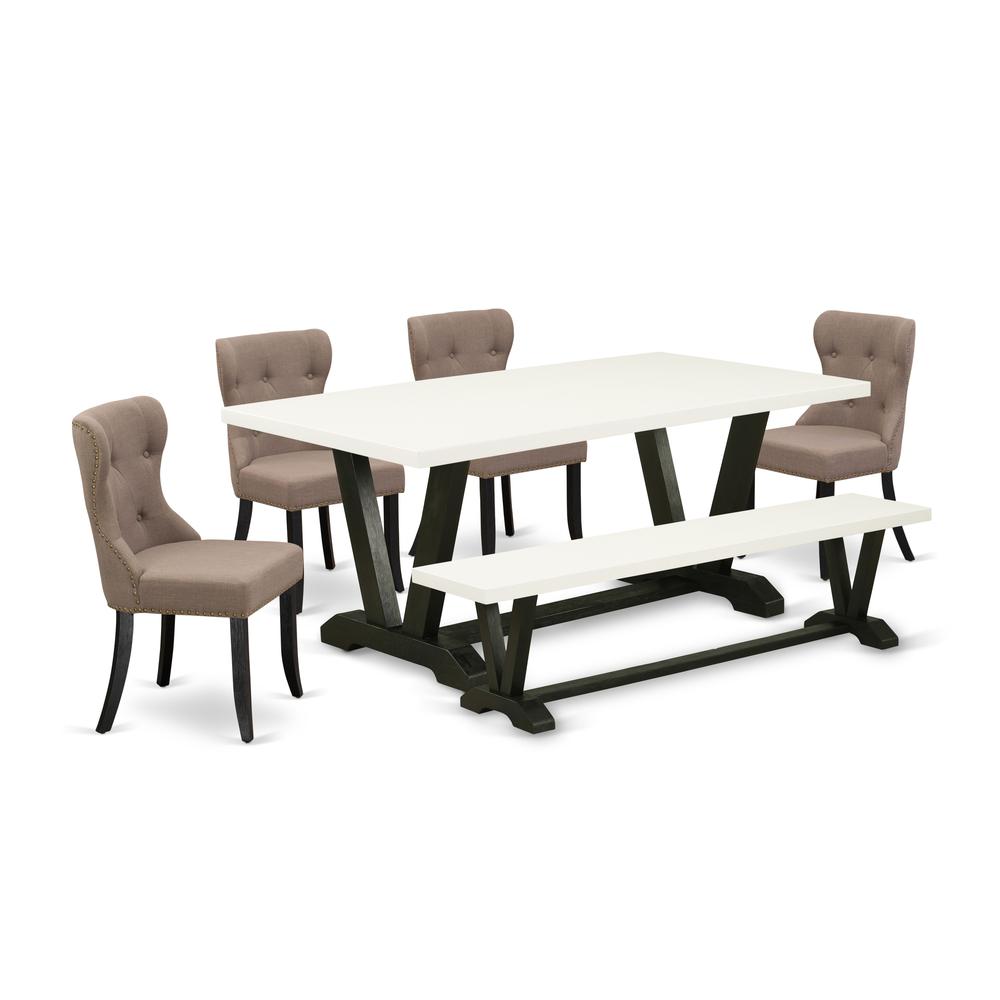 East West Furniture 6-Piece Kitchen Dining Table Set-Coffee Linen Fabric Seat and Button Tufted Back Dining Chairs, a Wooden Bench and Rectangular Top Dining Table with Hardwood Legs - Linen White and. Picture 1
