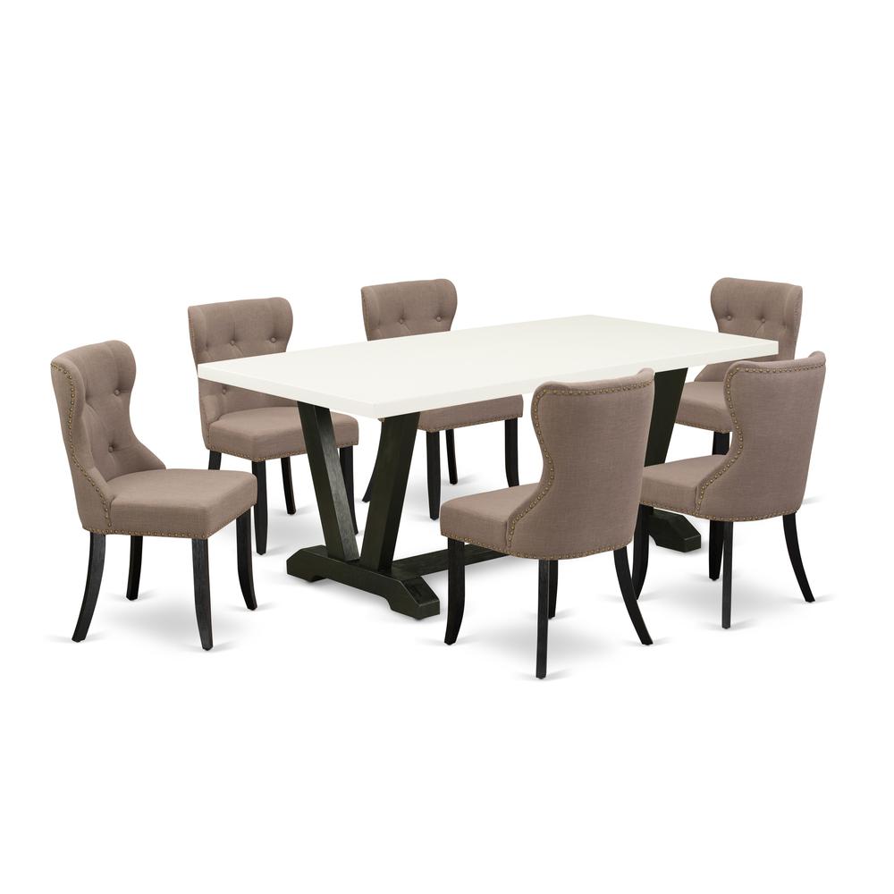 East West Furniture 7-Piece Wood Dining Table Set-Coffee Linen Fabric Seat and Button Tufted Back Upholstered Dining Chairs and Rectangular Top Wood Kitchen Table with Wood Legs - Linen White and Wire. Picture 1