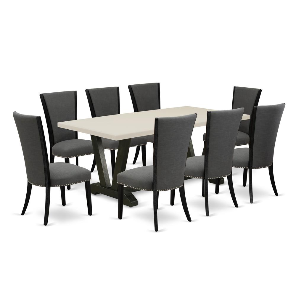 East West Furniture 9 Piece Dining Room Table Set Includes a Linen White Dining Room Table and 8 Dark Gotham Grey Linen Fabric Dining Chairs with High Back - Wire Brushed Black Finish. Picture 1