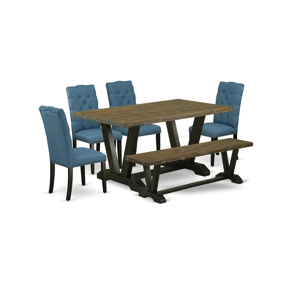East West Furniture V676EL121-6 6-Piece Amazing Modern Dining Table Set a Great Distressed Jacobean Kitchen Rectangular Table Top and Distressed Jacobean Dining Bench and 4 Excellent Linen Fabric kitc. Picture 1