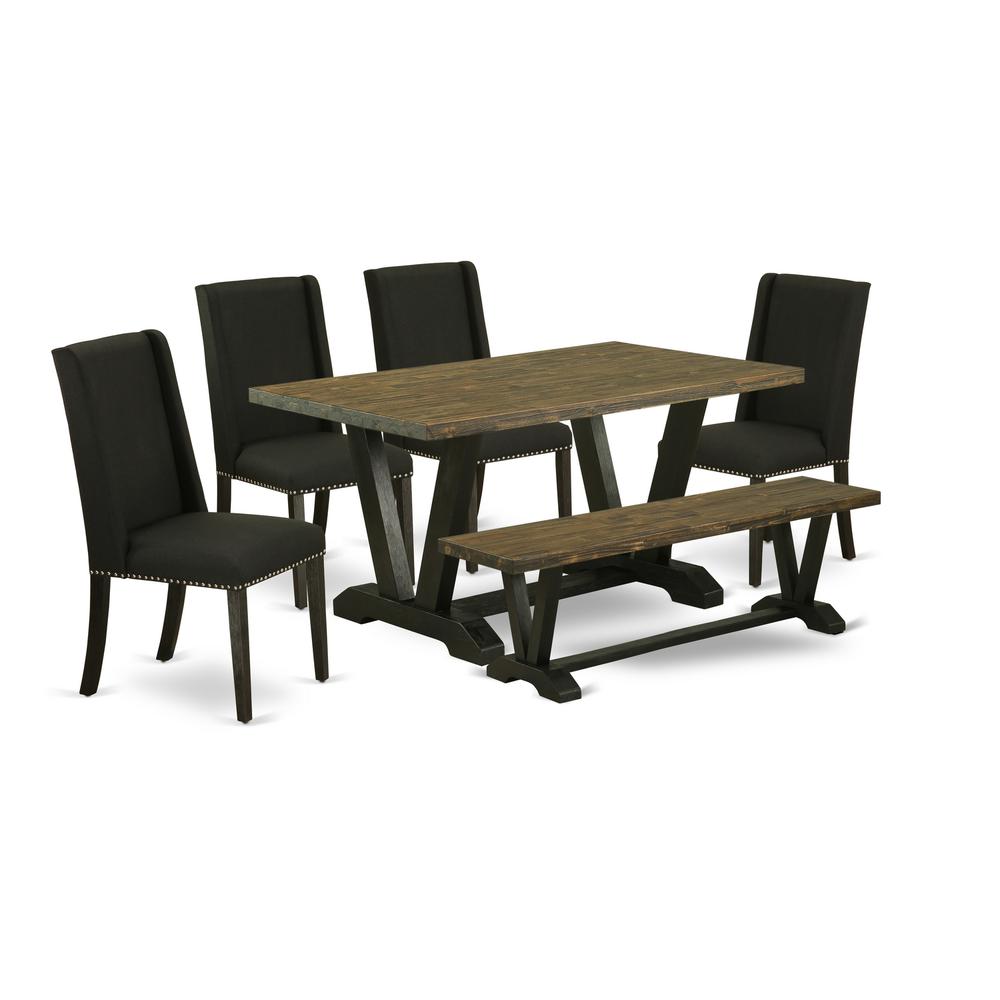 East West Furniture 6-Piece Dining Set-Black Linen Fabric Seat and High Stylish Chair Back Upholstered Dining chairs, A Rectangular Bench and Rectangular Top dining room table with Solid Wood Legs - D. Picture 1