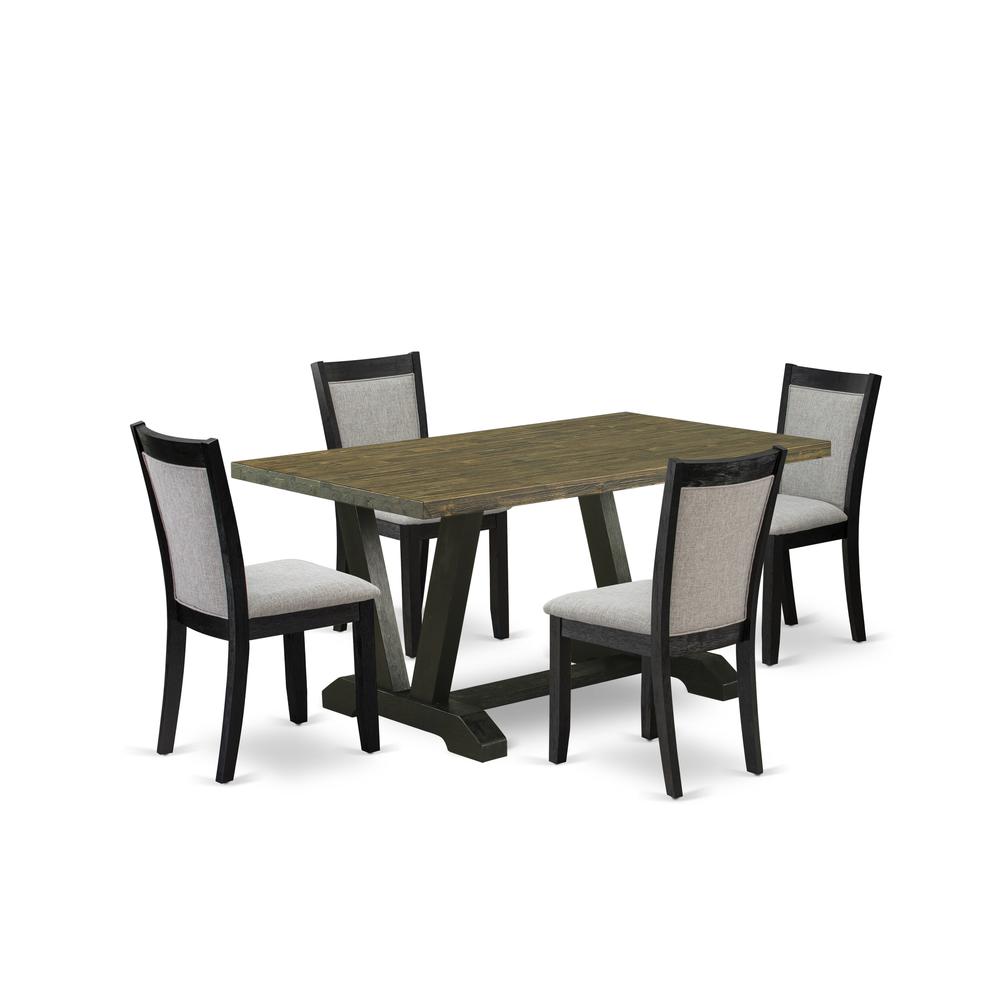 V676MZ606-5 5 Piece Kitchen Table Set - Distressed Jacobean Dining Room Table with 4 Shitake Chairs - Wire Brushed Black Finish. Picture 1