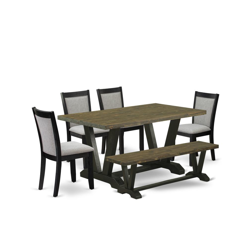 V676MZ606-6 6 Pc Dining Table Set - Distressed Jacobean Dinner Table with a Bench and 4 Shitake Chairs - Wire Brushed Black Finish. Picture 1