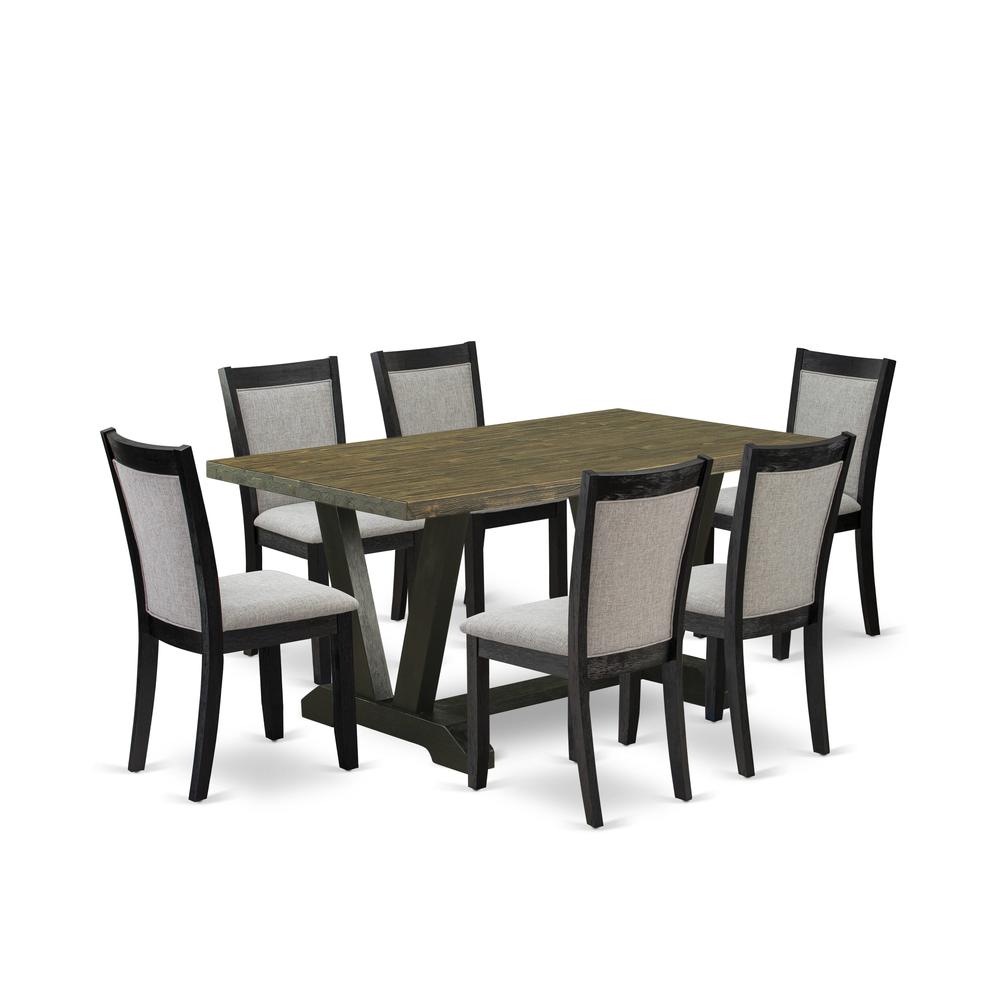 V676MZ606-7 7 Pc Dinette Set - Distressed Jacobean Wood Table with 6 Shitake Kitchen Chairs - Wire Brushed Black Finish. Picture 1