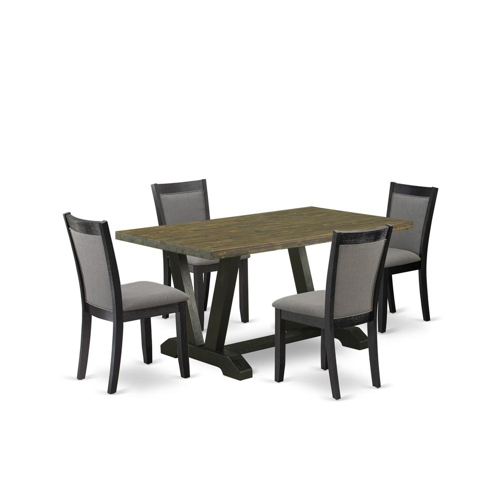 V676MZ650-5 5 Piece Dining Set - Distressed Jacobean Table with 4 Dark Gotham Grey Linen Fabric Chairs - Wire Brushed Black Finish. Picture 1
