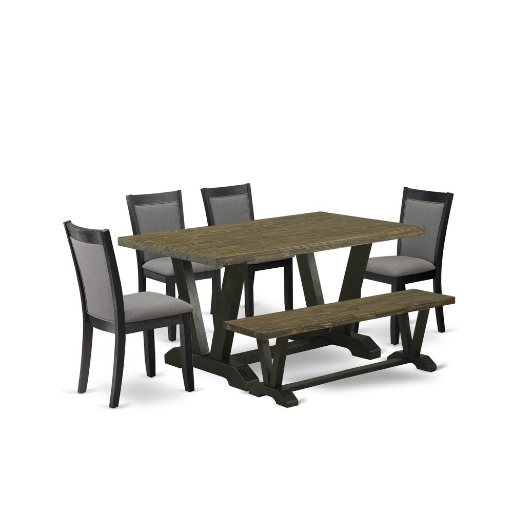V676MZ650-6 6 Pc Dining Set - Distressed Jacobean Table with Bench and 4 Dark Gotham Grey Chairs - Wire Brushed Black Finish. Picture 1