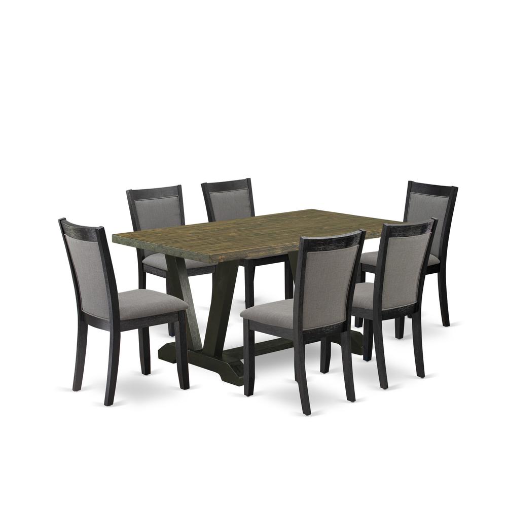 V676MZ650-7 7 Pc Dinette Set - Distressed Jacobean Table with 6 Dark Gotham Grey Linen Fabric Chairs - Wire Brushed Black Finish. Picture 1