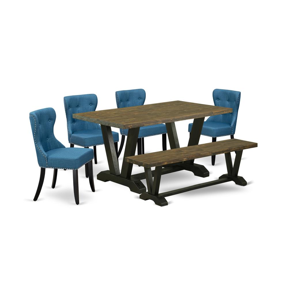 East West Furniture V676SI121-6 6-Piece Dining Table Set- 4 Parson Dining Room Chairs with Blue Linen Fabric Seat and Button Tufted Chair Back - Rectangular Top & Wooden Legs Wood Kitchen Table and Wo. Picture 1