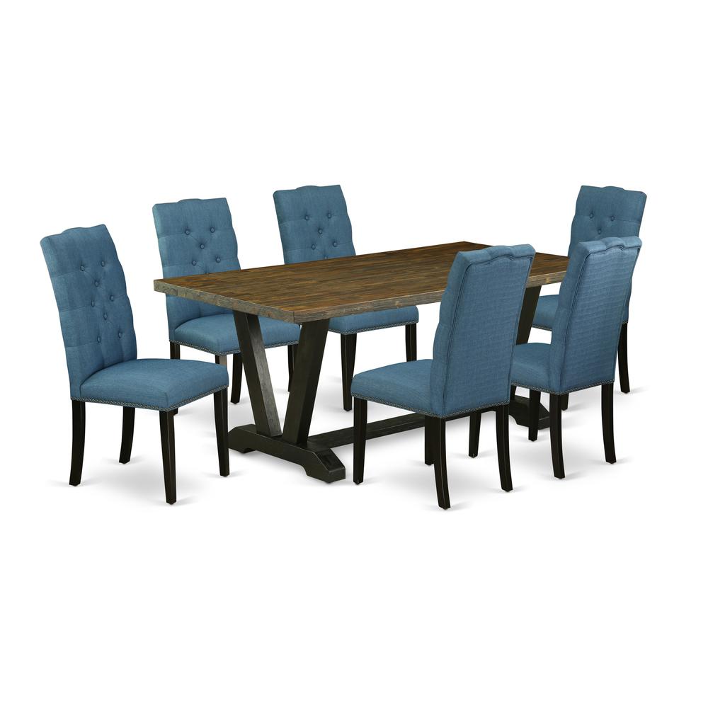 East West Furniture V677EL121-7 7-Piece Beautiful a Great Distressed Jacobean Rectangular Dining Table Top and 6 Wonderful Linen Fabric Dining Chairs with Nail Heads and Button Tufted Chair Back, Wire. Picture 1
