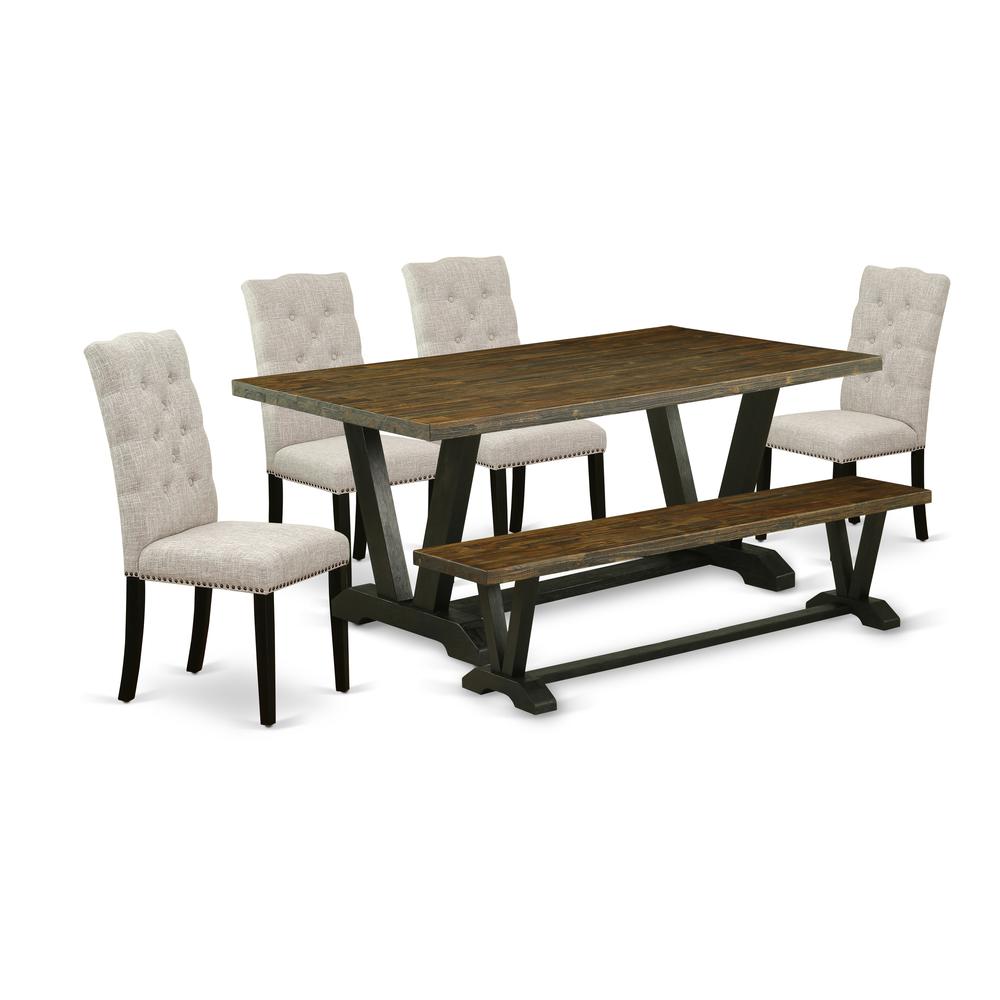 East West Furniture 6-Pc Wooden Dining Table Set-Doeskin Linen Fabric Seat and Button Tufted Chair Back Parson chairs, A Rectangular Bench and Rectangular Top dining room table with Wood Legs - Distre. Picture 1