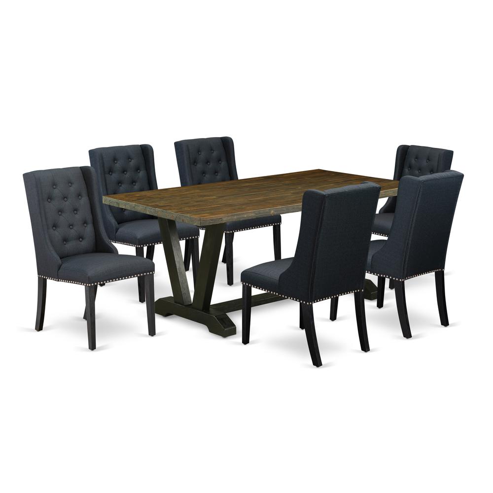 East West Furniture V677FO624-7 7 Piece Dining Table Set - 6 Black Linen Fabric Kitchen Chairs Button Tufted with Nail heads and Distressed Jacobean Dining Room Table - Wire Brush Black Finish. Picture 1