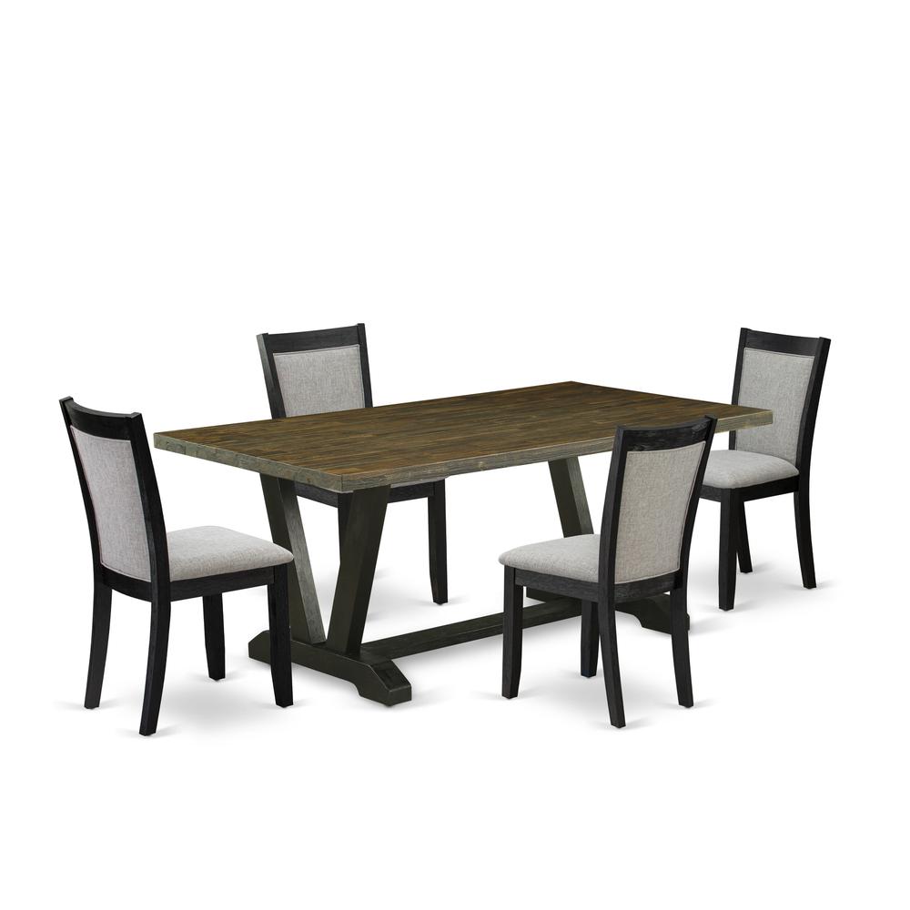 East West Furniture 5 Piece Kitchen Dining Table Set - A Distressed Jacobean Top Wood Table with Trestle Base and 4 Shitake Linen Fabric Modern Dining Chairs - Wire Brushed Black Finish. Picture 1