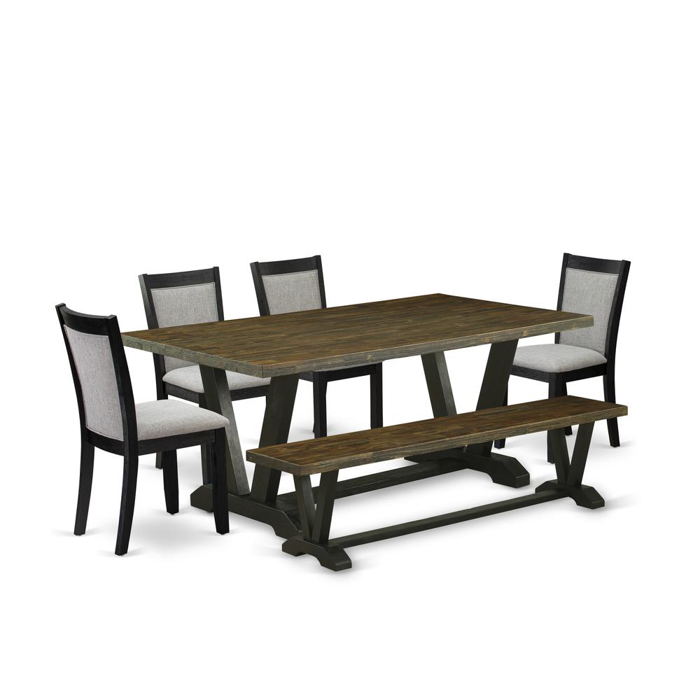 East West Furniture 6 Pc Dining Table Set - Distressed Jacobean Top Dinner Table with a Bench and 4 Shitake Linen Fabric Parson Chairs - Wire Brushed Black Finish. Picture 1