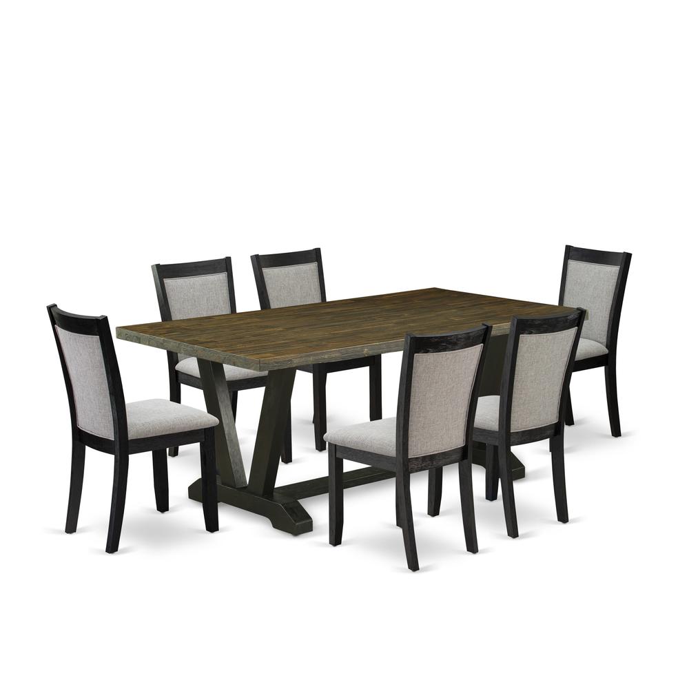 East West Furniture 7 Piece Mid Century Dining Set - Distressed Jacobean Top Dining Room Table with Trestle Base and 6 Shitake Linen Fabric Dining Chairs - Wire Brushed Black Finish. Picture 1