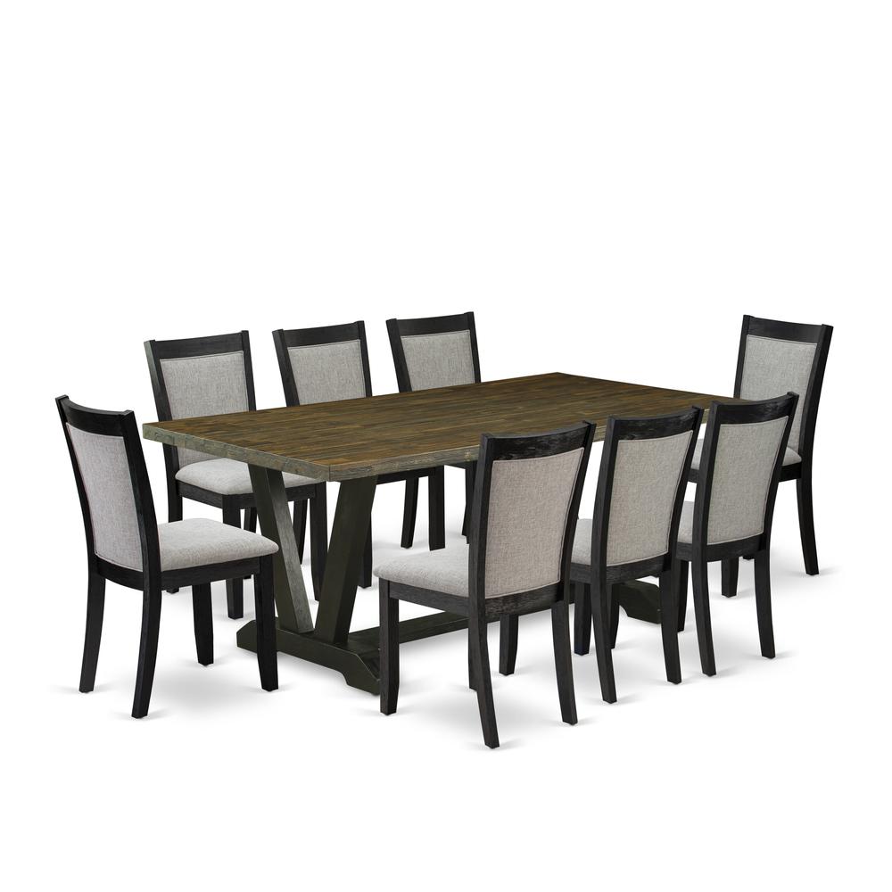 East West Furniture 9 Piece Kitchen Table Set - A Distressed Jacobean Top Wood Table with Trestle Base and 8 Shitake Linen Fabric Modern Dining Chairs - Wire Brushed Black Finish. Picture 1