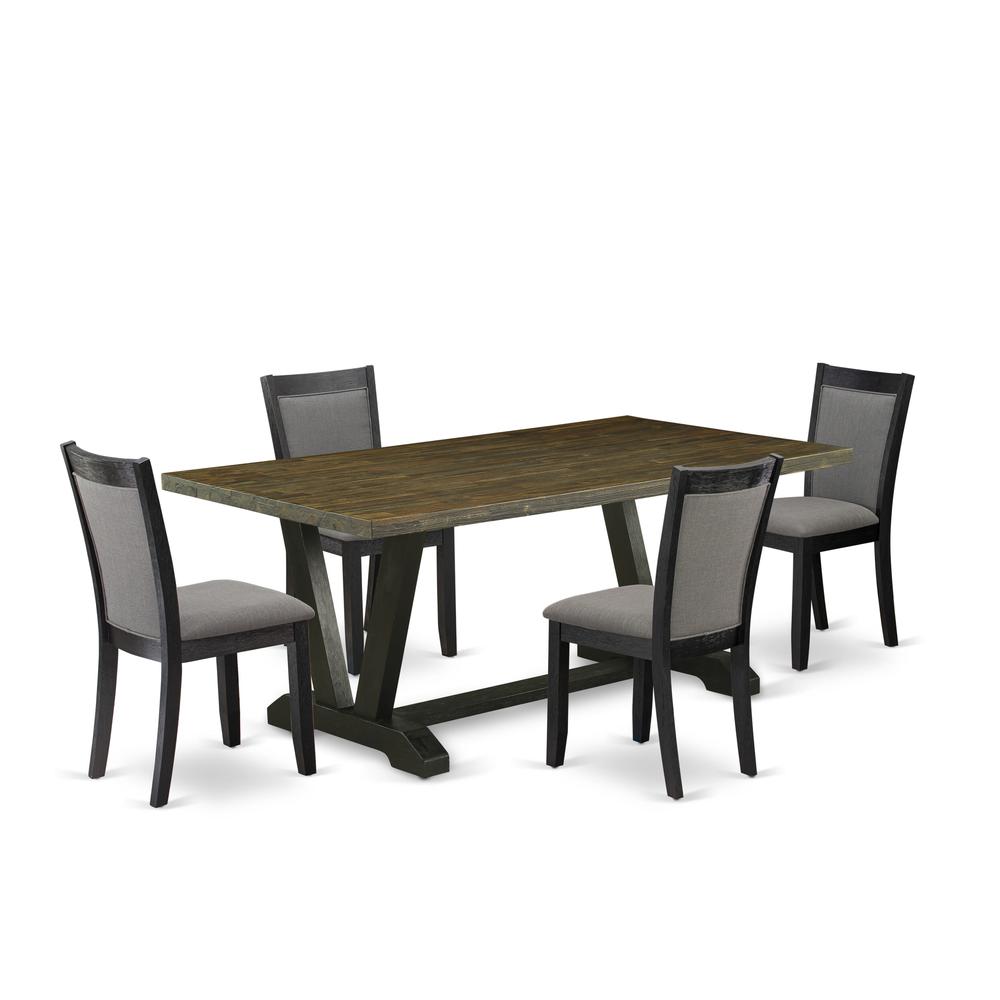 East West Furniture 5 Pc Dinner Table Set - Distressed Jacobean Top Dining Table with Trestle Base and 4 Dark Gotham Grey Linen Fabric Parson Chairs - Wire Brushed Black Finish. Picture 1
