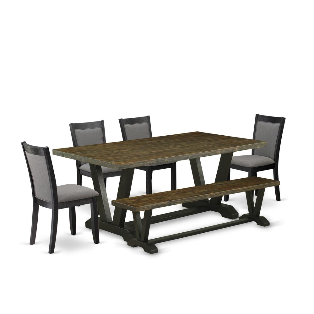 East West Furniture 6 Piece Table Set - A Distressed Jacobean Top Dining Room Table with a Bench and 4 Dark Gotham Grey Linen Fabric Padded Dining Chairs - Wire Brushed Black Finish. Picture 1
