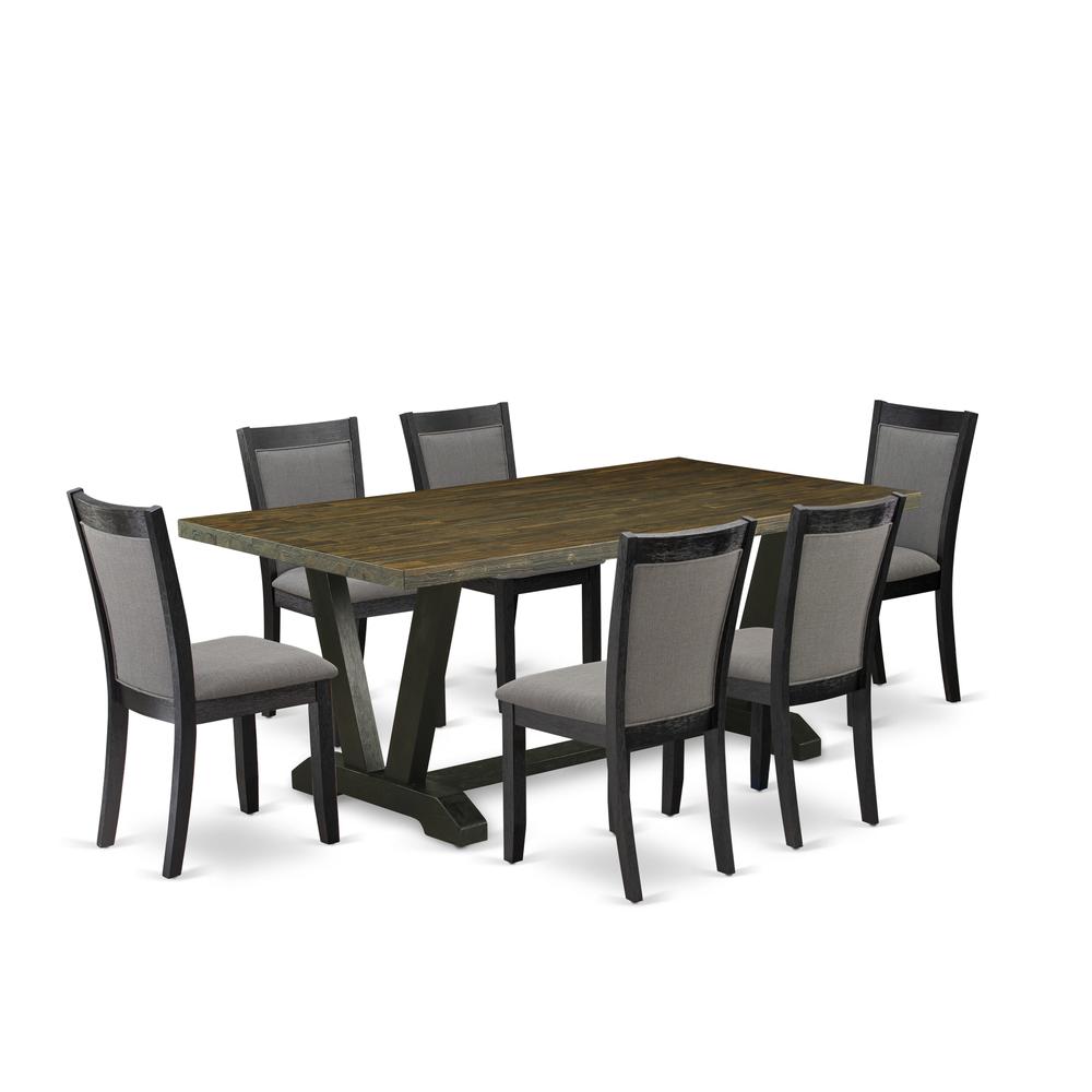 East West Furniture 7 Pc Dining Table Set - Distressed Jacobean Top Dining Table with Trestle Base and 6 Dark Gotham Grey Linen Fabric Dining Chairs - Wire Brushed Black Finish. Picture 1