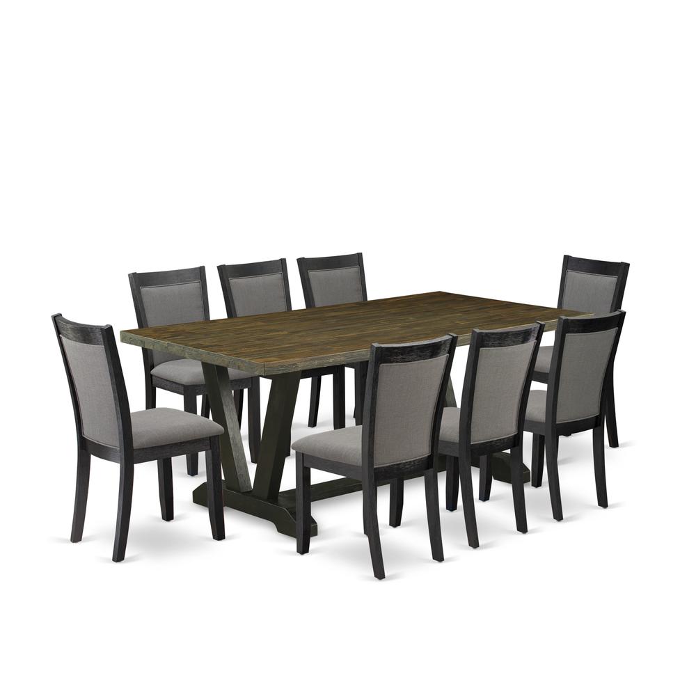 East West Furniture 9 Piece Table Set - Distressed Jacobean Top Wood Table with Trestle Base and 8 Dark Gotham Grey Linen Fabric Parson Chairs - Wire Brushed Black Finish. Picture 1