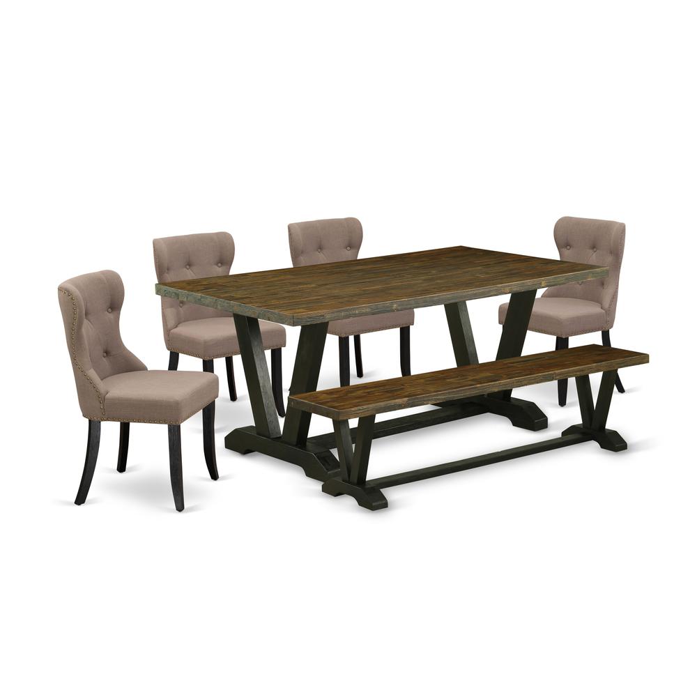 East West Furniture V677SI648-6 6-Pc Dining Table Set- 4 Dining Chairs with Coffee Linen Fabric Seat and Button Tufted Chair Back - Rectangular Top & Wooden Legs Dining Table and Indoor Bench - Distre. Picture 1