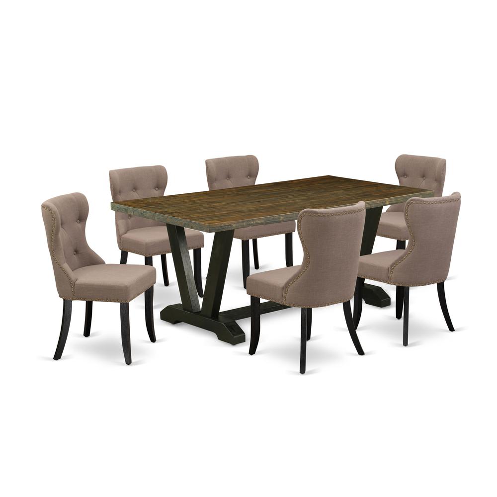 East West Furniture V677SI648-7 7-Pc Kitchen Dining Set- 6 Dining Padded Chairs with Coffee Linen Fabric Seat and Button Tufted Chair Back - Rectangular Table Top & Wooden Legs - Distressed Jacobean a. Picture 1