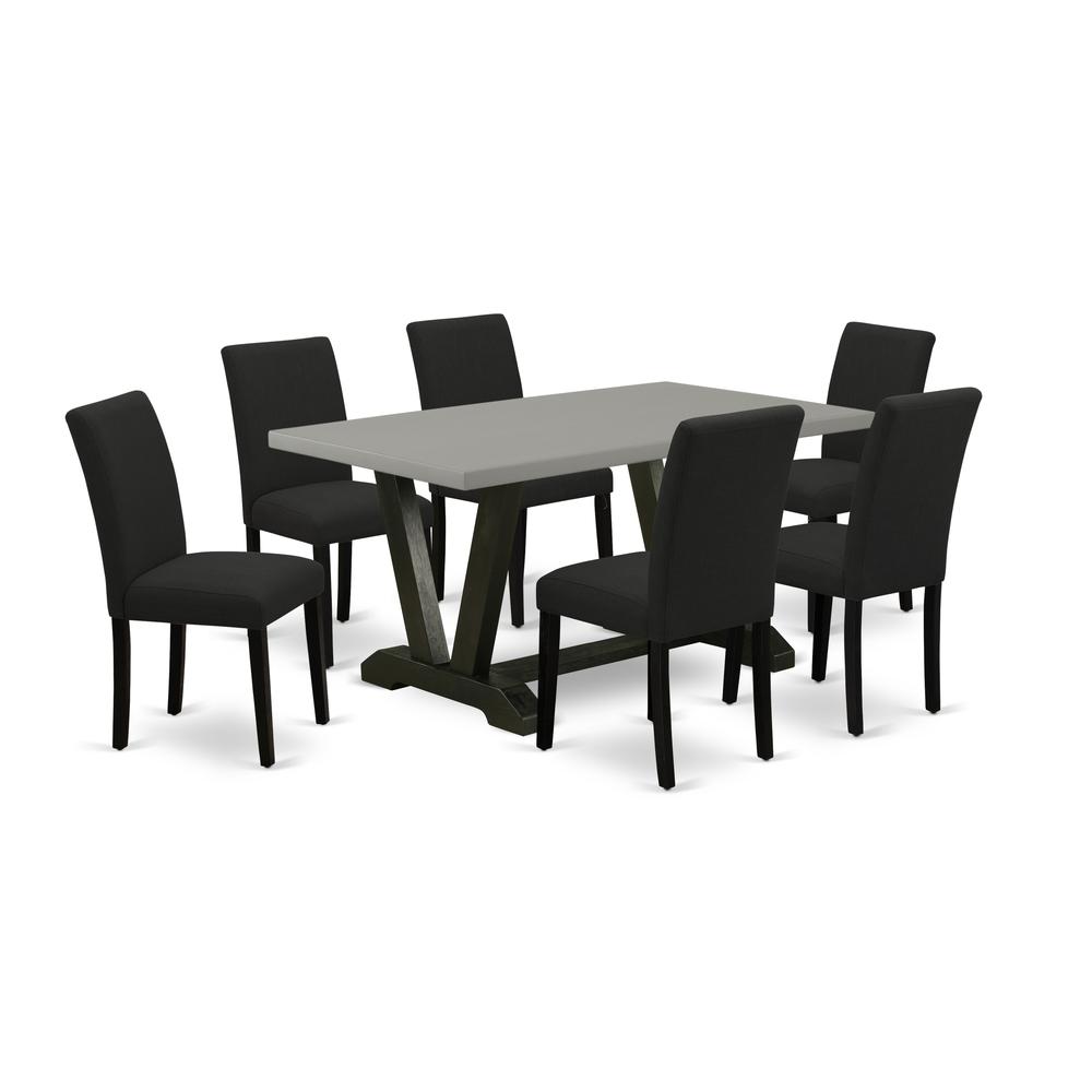 East West Furniture 7-Piece Kitchen Table Set Includes 6 Mid Century Modern Dining Chairs with Upholstered Seat and High Back and a Rectangular Modern Rectangular Dining Table - Black Finish. Picture 1