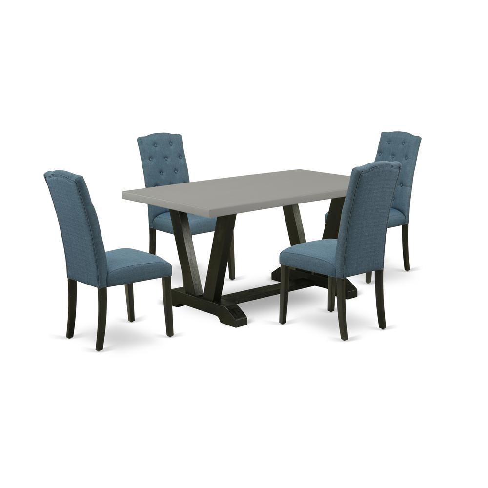 East West Furniture V696CE121-5 5-Pc Dinette Room Set - 4 Padded Parson Chairs and 1 Modern Rectangular Cement Kitchen Table with Button Tufted Chair Back - Wire Brushed Black Finish. Picture 1