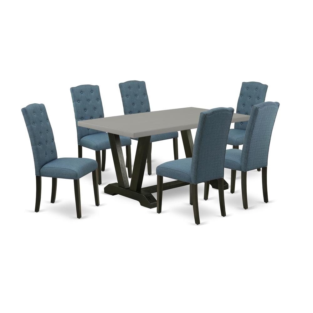 East West Furniture V696CE121-7 7-Pc Kitchen Table Set - 6 Dining Chairs and 1 Modern Rectangular Cement Kitchen Table with Button Tufted Chair Back - Wire Brushed Black Finish. Picture 1