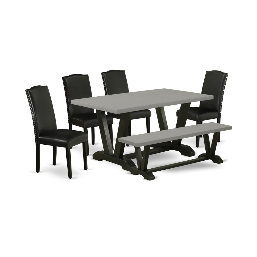 East West Furniture V696EN169-6 6-Pc Dining Table Set - 4 Parson Chairs, a Dining Bench Cement Top and 1 Cement Dining Table Top with High Stylish Chair Back - Wire Brushed Black Finish. Picture 1