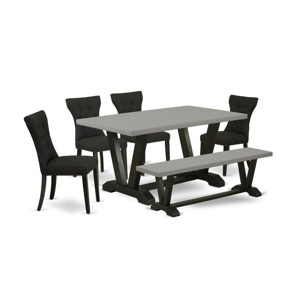 East West Furniture 6 Pc Dining Room Set Contains a Cement Rectangular Table and a Modern Bench, 4 Black Linen Fabric Dining Chairs with Button Tufted Back - Wire Brushed Black Finish. Picture 1