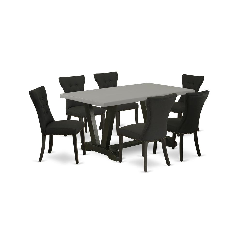East West Furniture 7 Piece Dining Room Table Set Consists of a Cement Wood Dining Table and 6 Black Linen Fabric Modern Dining Chairs with Button Tufted Back - Wire Brushed Black Finish. Picture 1