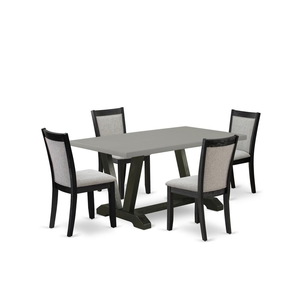 East West Furniture 5 Piece Dining Table Set - A Cement Top Modern Dining Table with Trestle Base and 4 Shitake Linen Fabric Dining Chairs - Wire Brushed Black Finish. Picture 1