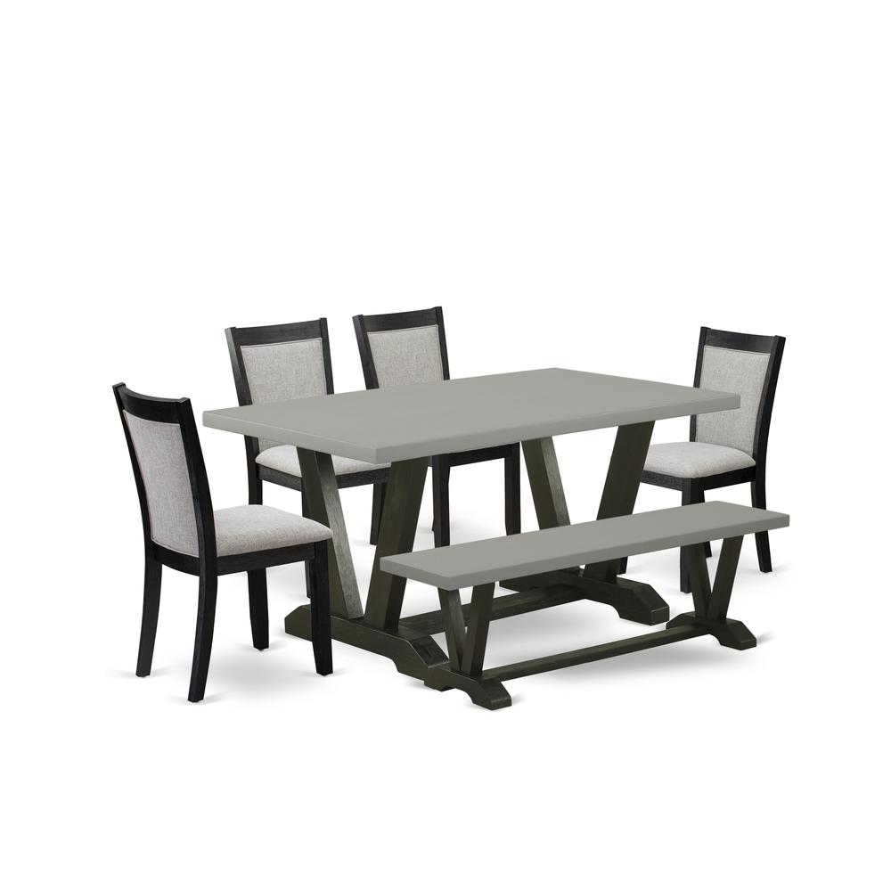 East West Furniture 6 Pc Kitchen Table Set - A Cement Top Dining Room Table with Wooden Bench and 4 Shitake Linen Fabric Upholstered Parson Chairs - Wire Brushed Black Finish. Picture 1
