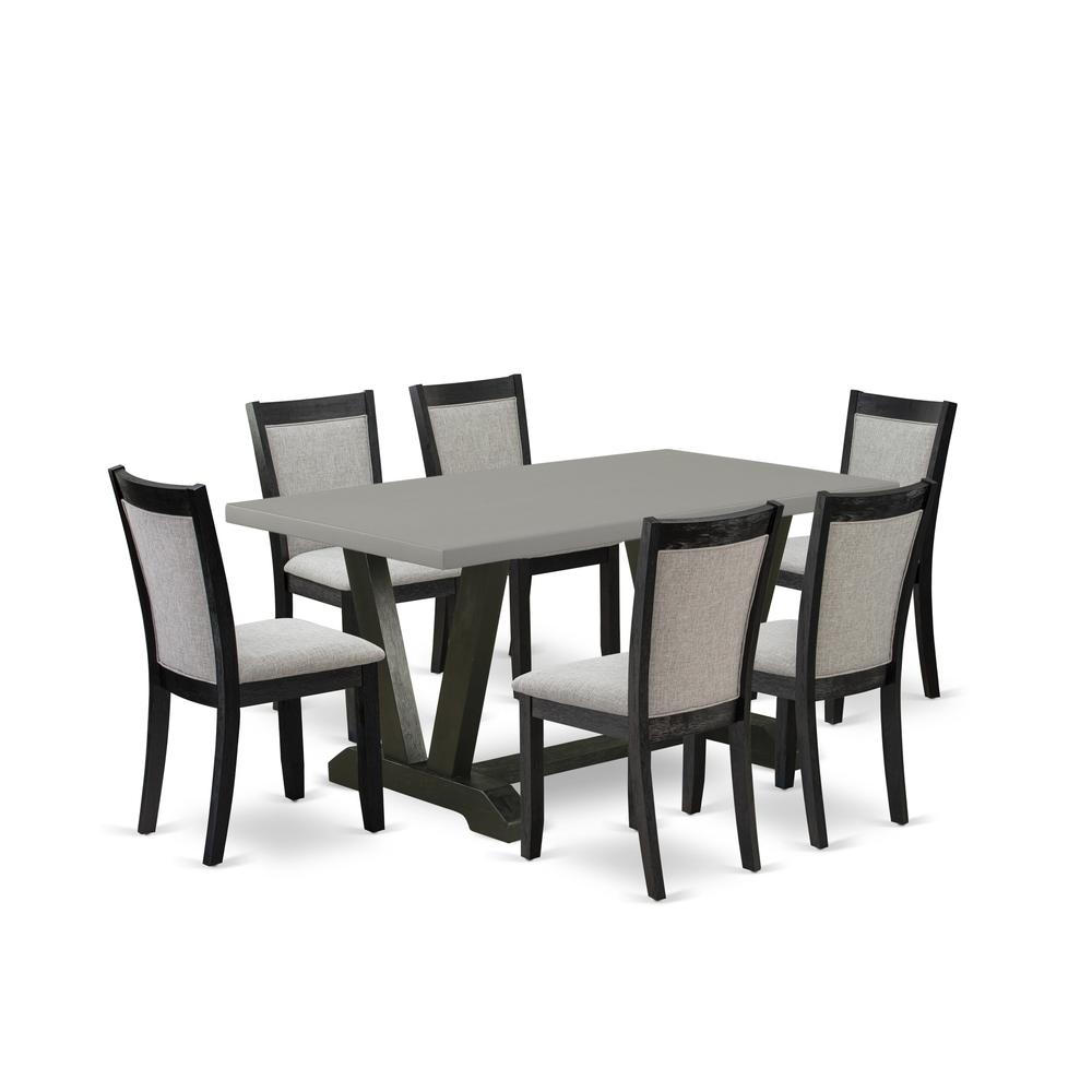 East West Furniture 7 Piece Kitchen Dining Table Set - A Cement Top Modern Dining Table with Trestle Base and 6 Shitake Linen Fabric Upholstered Dining Chairs - Wire Brushed Black Finish. Picture 1