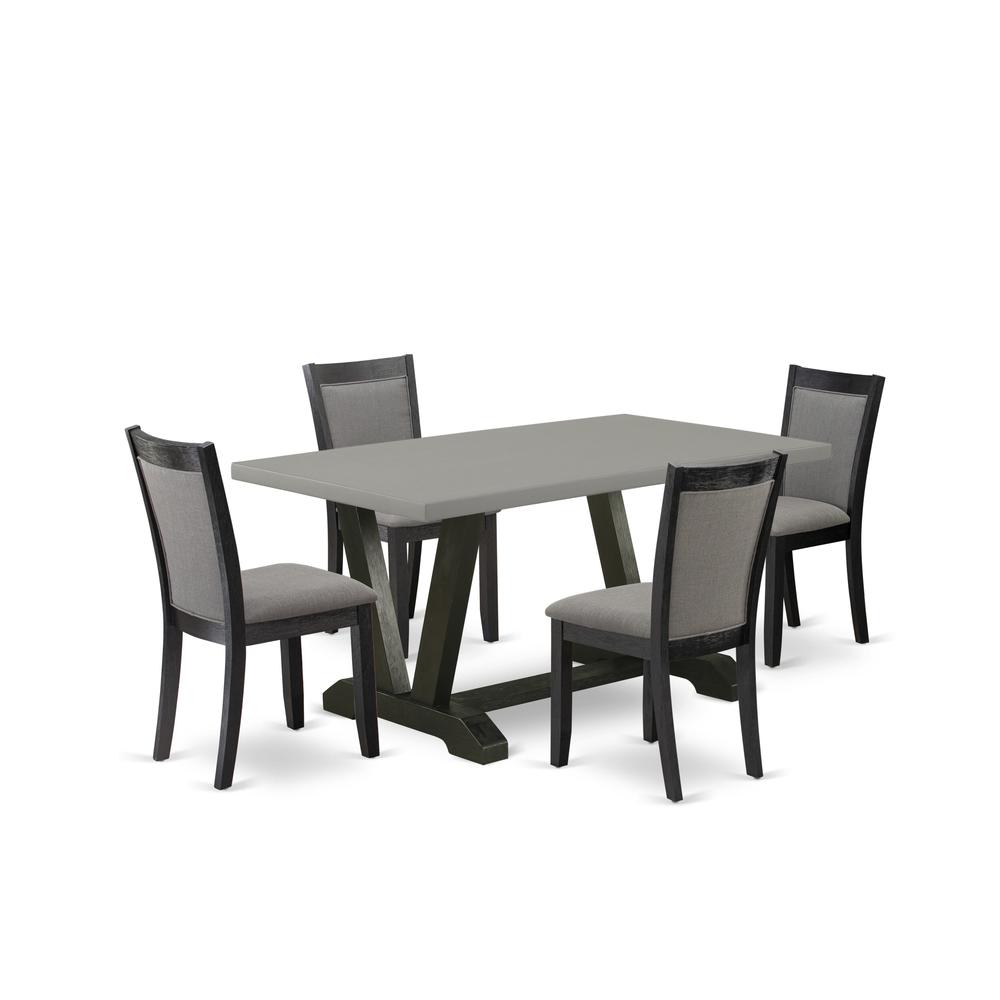 East West Furniture 5 Piece Kitchen Dining Table Set - A Cement Top Wood Dining Table with Trestle Base and 4 Dark Gotham Grey Linen Fabric Parson Chairs - Wire Brushed Black Finish. Picture 1