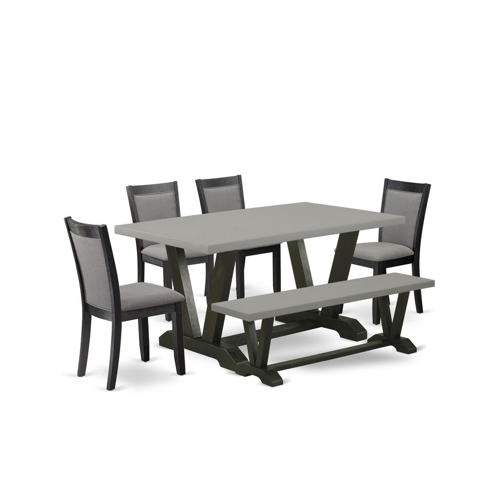 East West Furniture 6 Piece Dinner Table Set - A Cement Top Wooden Dining Table with a Small Bench and 4 Dark Gotham Grey Linen Fabric Upholstered Kitchen Chairs - Wire Brushed Black Finish. Picture 1