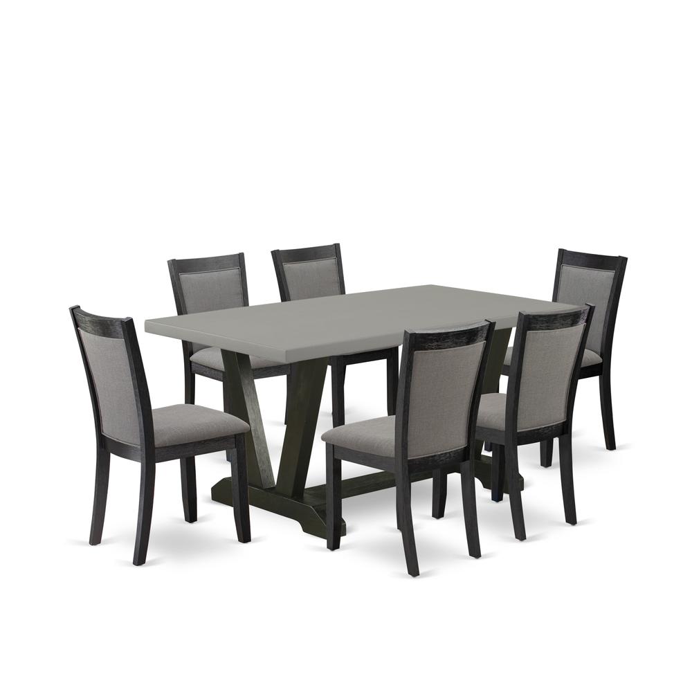 East West Furniture 7 Piece Mid Century Dining Set - A Cement Top Wood Dining Table with Trestle Base and 6 Dark Gotham Grey Linen Fabric Dining Room Chairs - Wire Brushed Black Finish. Picture 1