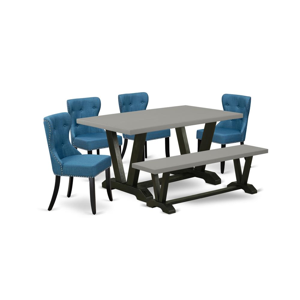 East West Furniture V696SI121-6 6-Pc Kitchen and Dining Room Set- 4 Kitchen Parson Chairs with Blue Linen Fabric Seat and Button Tufted Chair Back - Rectangular Top & Wooden Legs Wood Dining Table and. Picture 1