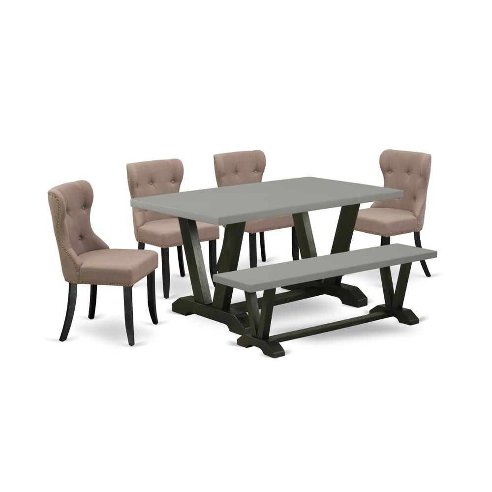 East West Furniture V696SI648-6 6-Piece Kitchen Dining Room Set- 4 Mid Century Dining Chairs with Coffee Linen Fabric Seat and Button Tufted Chair Back - Rectangular Top & Wooden Legs Kitchen Table an. Picture 1